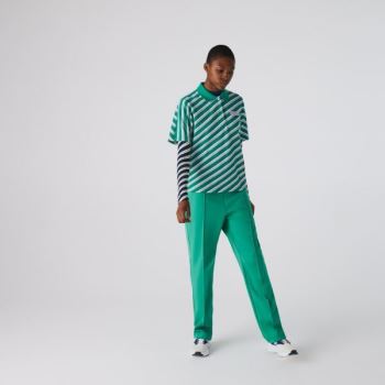 Lacoste LIVE Loose Fit Badge Striped Cotton Piqué Polo Shirt - Polo Dámské Zelene / Bílé | CZ-Hk1Wjv